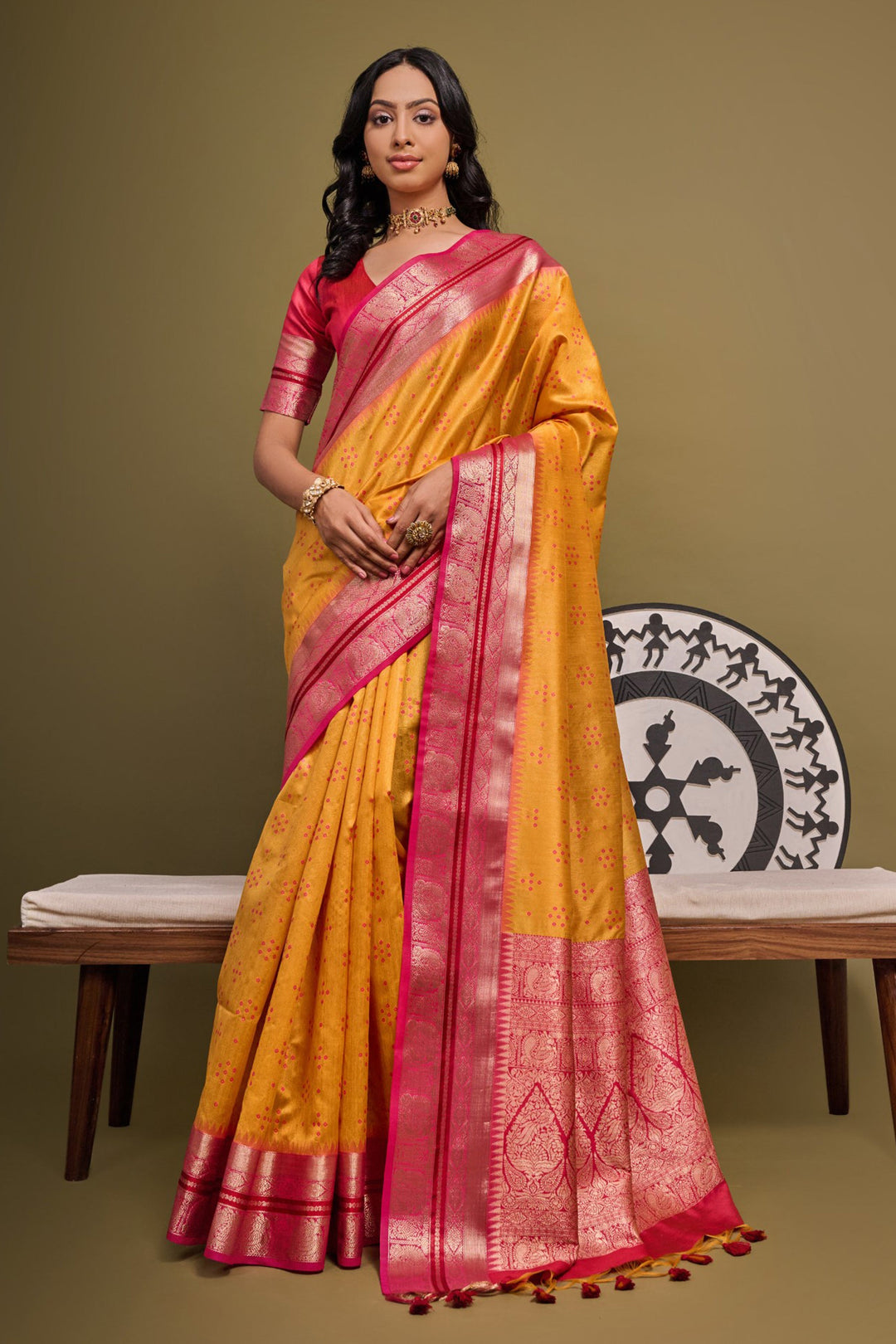 Mustard Color Raw Silk Fancy Meenakari Zari Weaving Work Saree