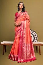 Load image into Gallery viewer, Peach Color Exclusive Meenakari Zari Weaving Work Raw Silk Sarees
