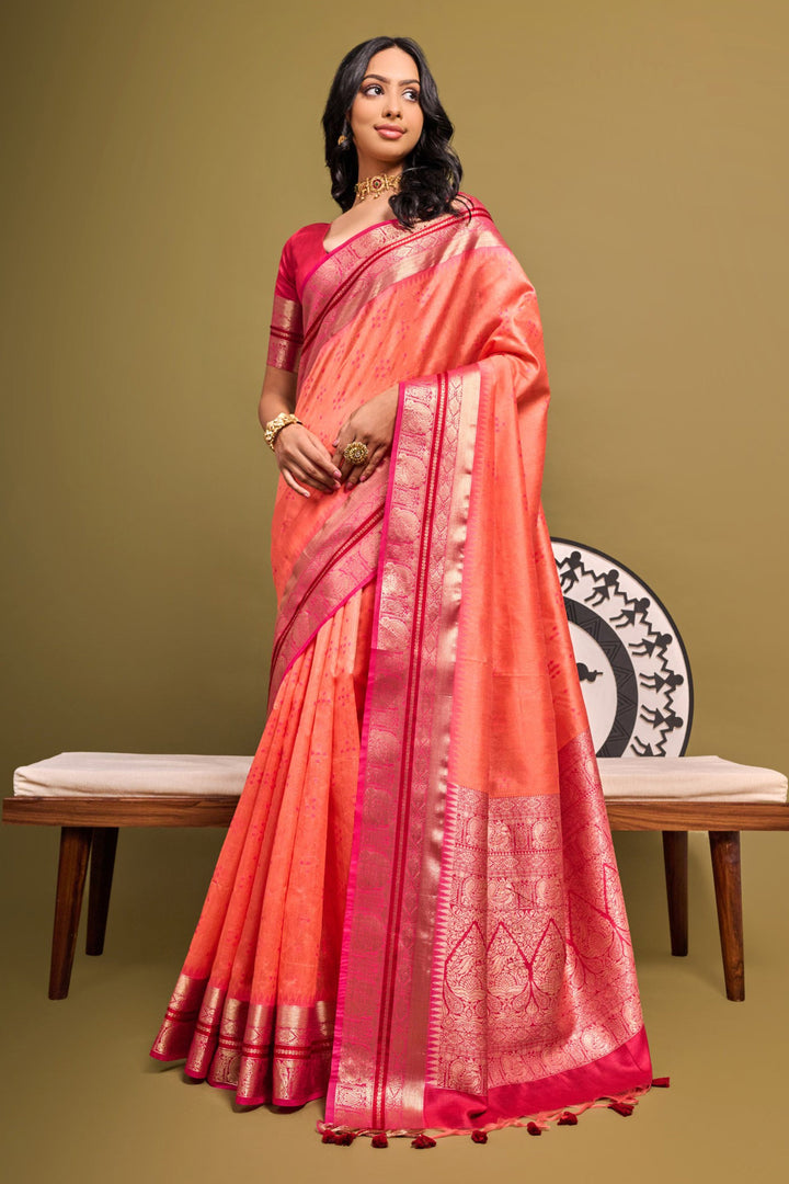 Peach Color Exclusive Meenakari Zari Weaving Work Raw Silk Sarees