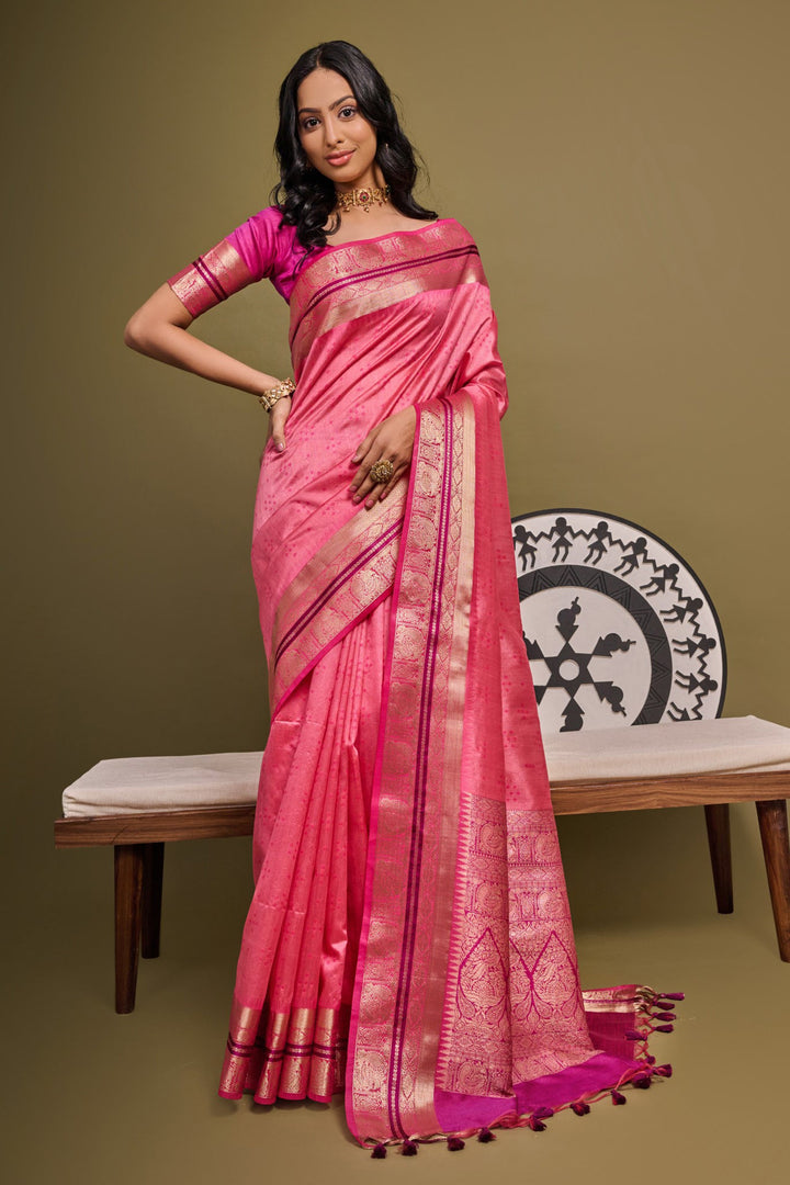 Pink Color Meenakari Zari Weaving Work Function Wear Raw Silk Saree