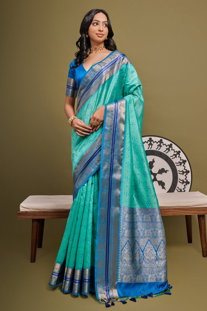 Attractive Sea Green Color Meenakari Zari Weaving Work Raw Silk Designer Saree