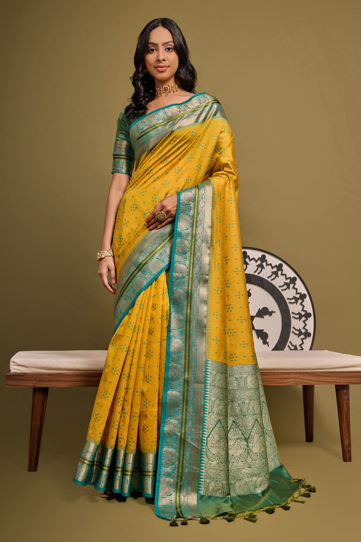 Delightful Yellow Color Meenakari Zari Weaving Work Raw Silk Function Wear Saree