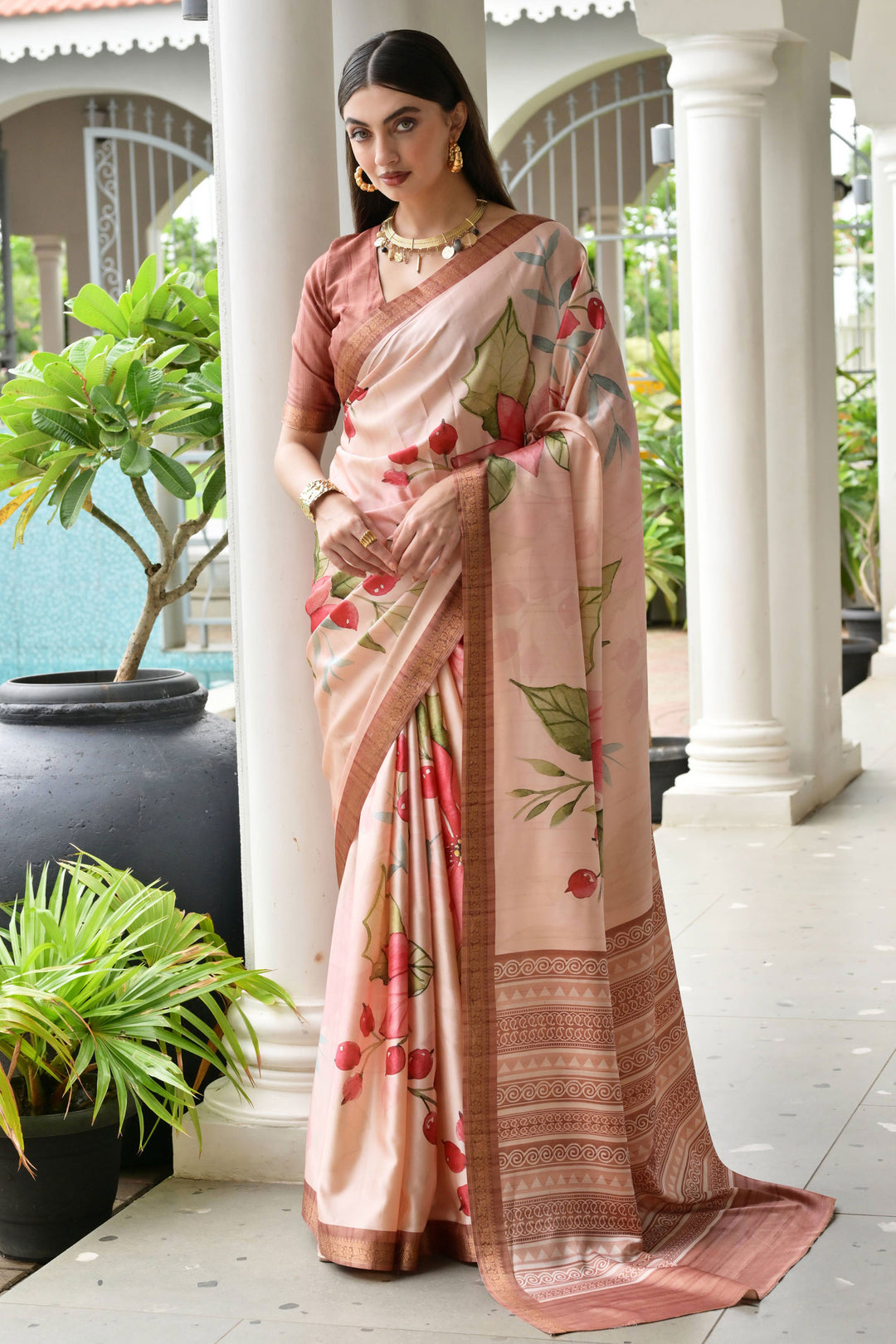 Chikoo Color Satin Silk Fabric Tempting Floral Printed Saree | Buy Online India