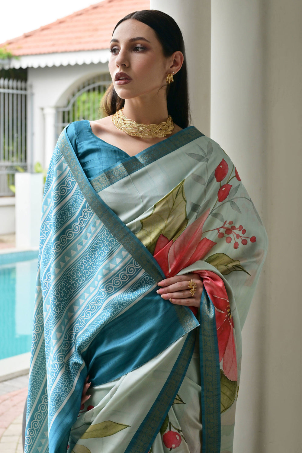 Trendy Cyan Color Satin Silk Fabric Floral Printed Saree | Buy Online India