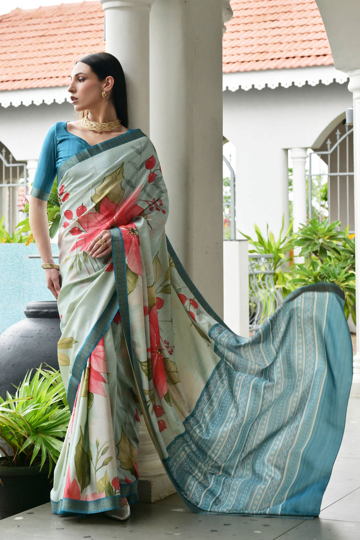 Trendy Cyan Color Satin Silk Fabric Floral Printed Saree | Buy Online India