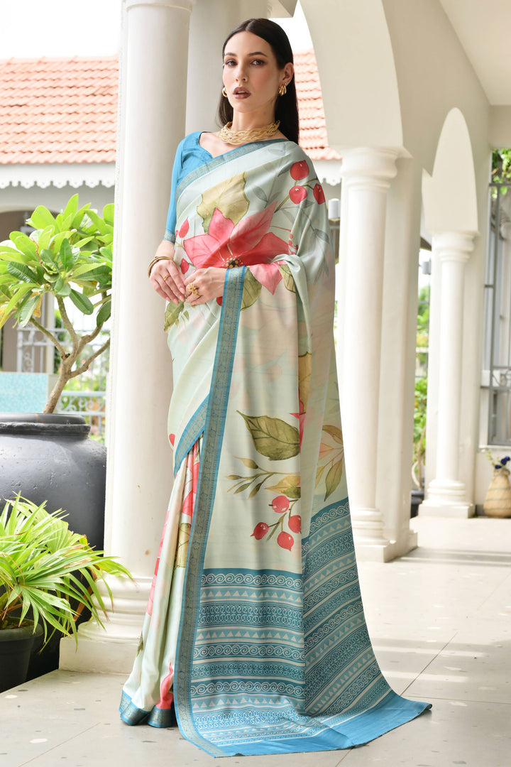 Trendy Cyan Color Satin Silk Fabric Floral Printed Saree | Buy Online India