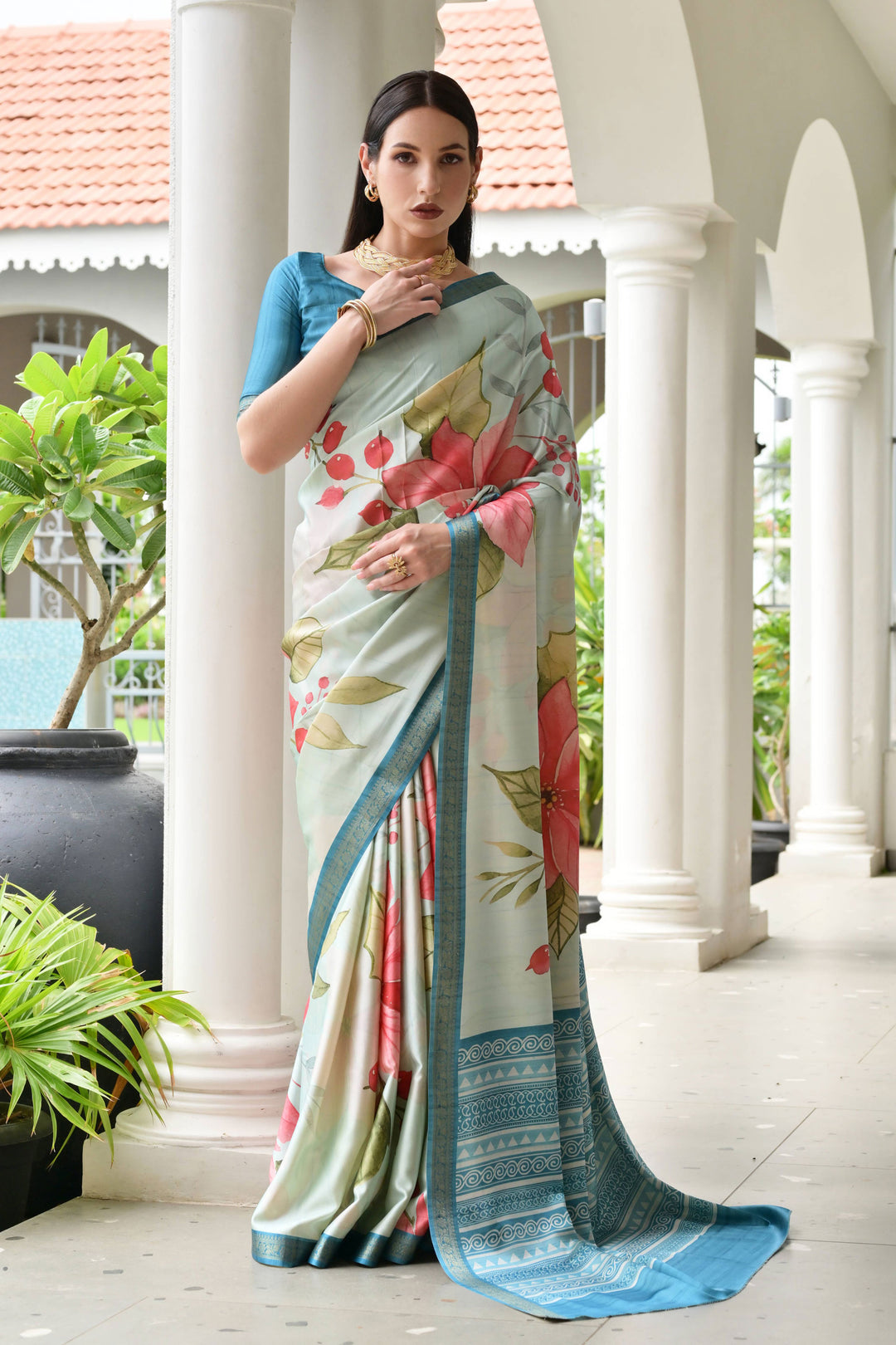 Trendy Cyan Color Satin Silk Fabric Floral Printed Saree | Buy Online India