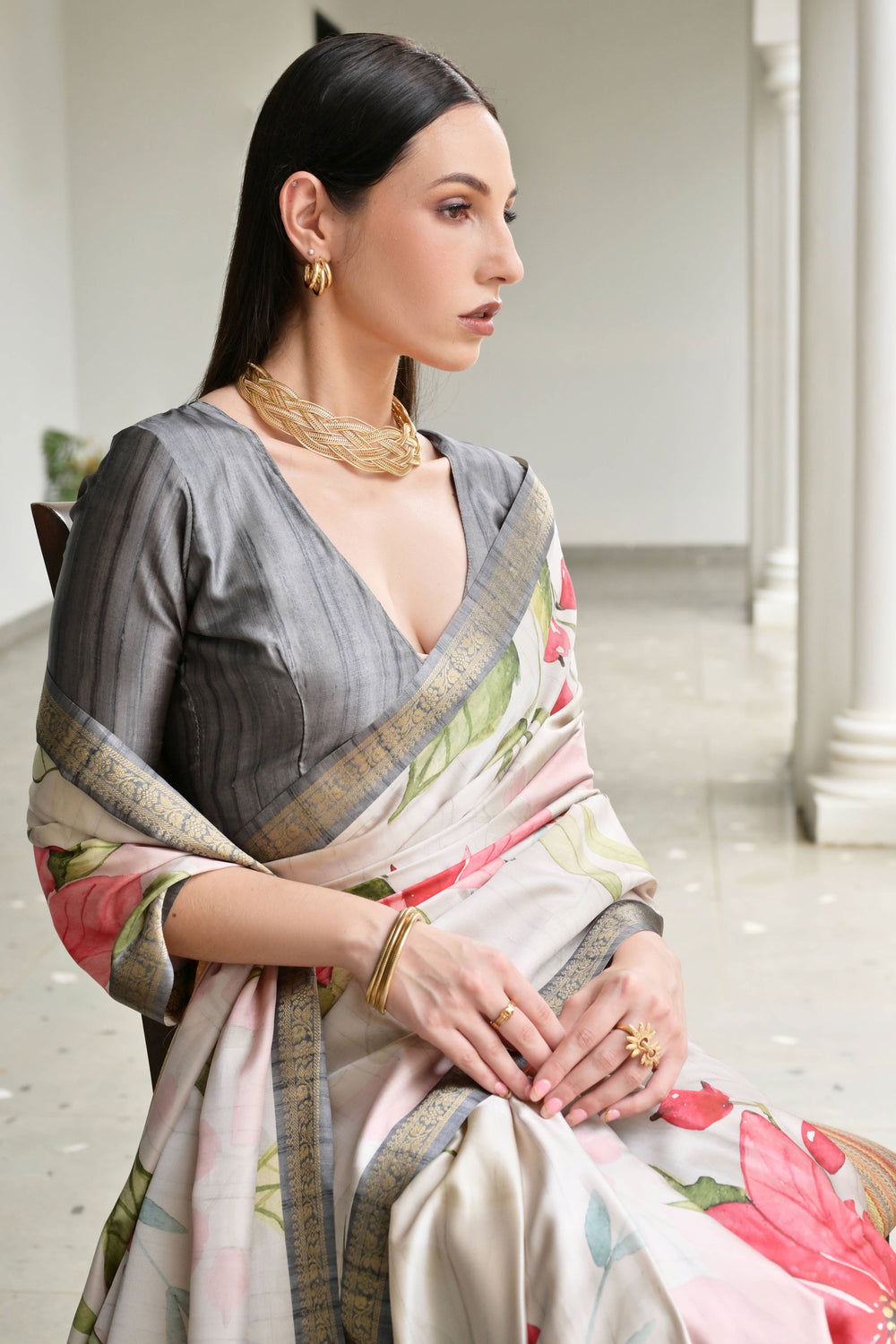 Satin Silk Fabric Grey Color Beautiful Floral Printed Saree | Buy Online India