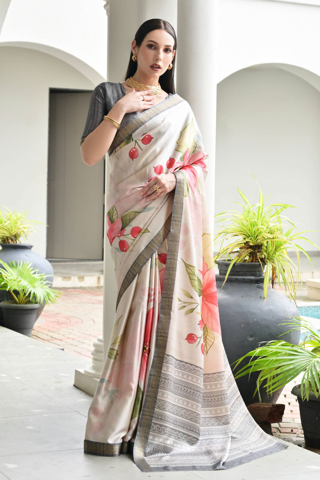 Satin Silk Fabric Grey Color Beautiful Floral Printed Saree | Buy Online India