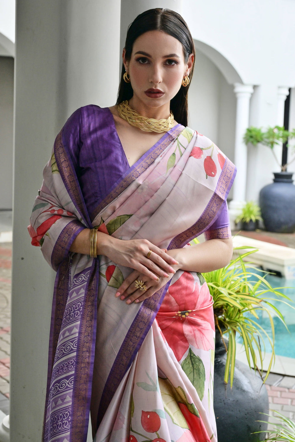 Alluring Satin Silk Fabric Lavender Color Floral Printed Saree | Buy Online India