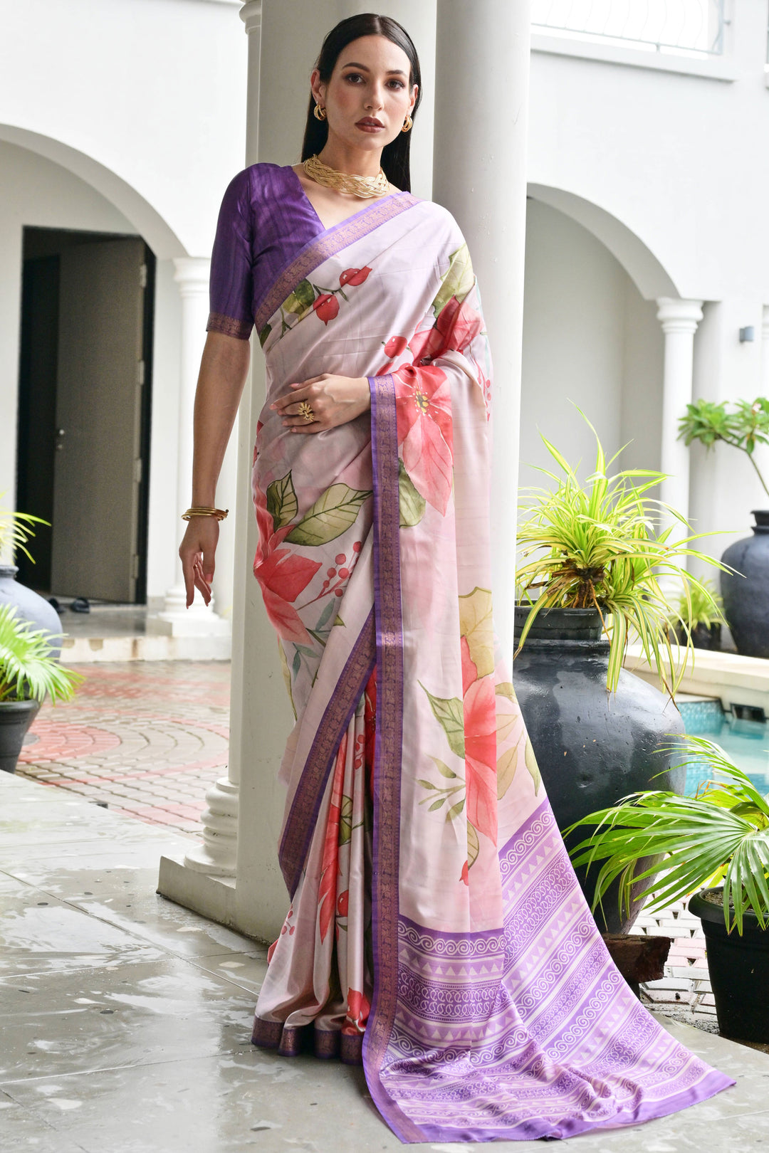 Alluring Satin Silk Fabric Lavender Color Floral Printed Saree | Buy Online India