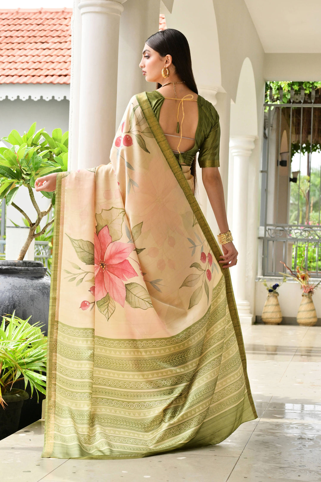 Satin Silk Fabric Green Color Bright Floral Printed Saree | Buy Online India