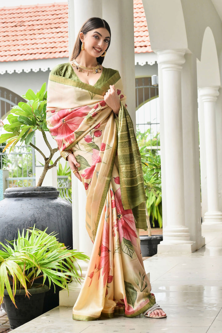 Satin Silk Fabric Green Color Bright Floral Printed Saree | Buy Online India
