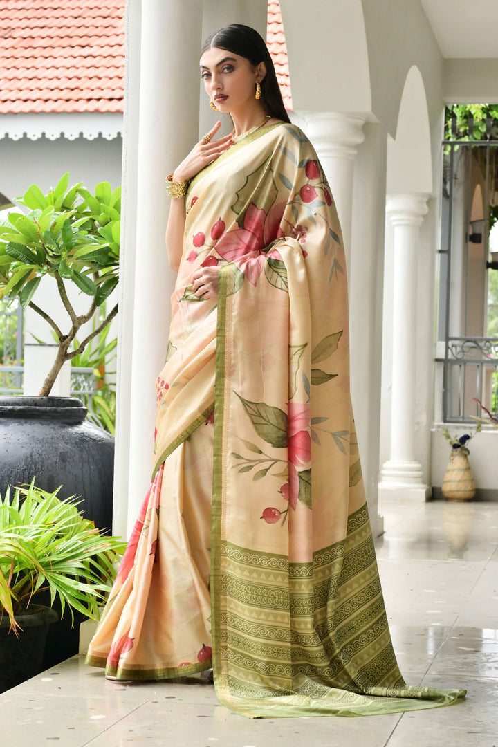 Satin Silk Fabric Green Color Bright Floral Printed Saree | Buy Online India