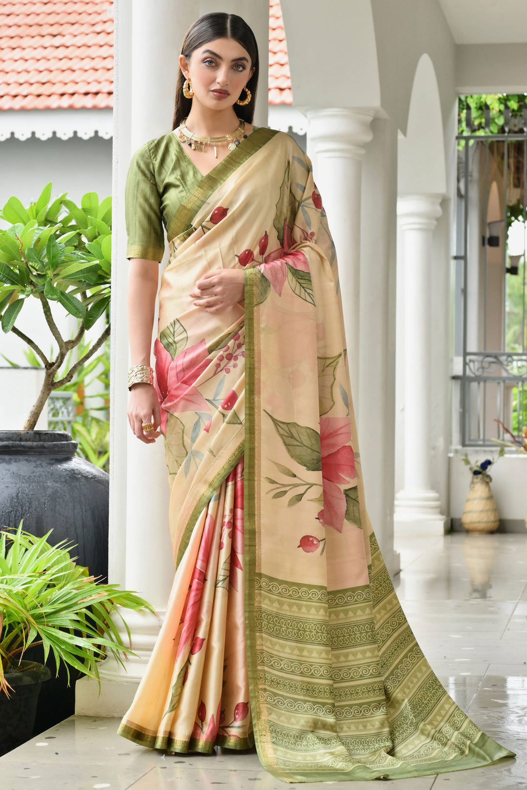 Satin Silk Fabric Green Color Bright Floral Printed Saree | Buy Online India
