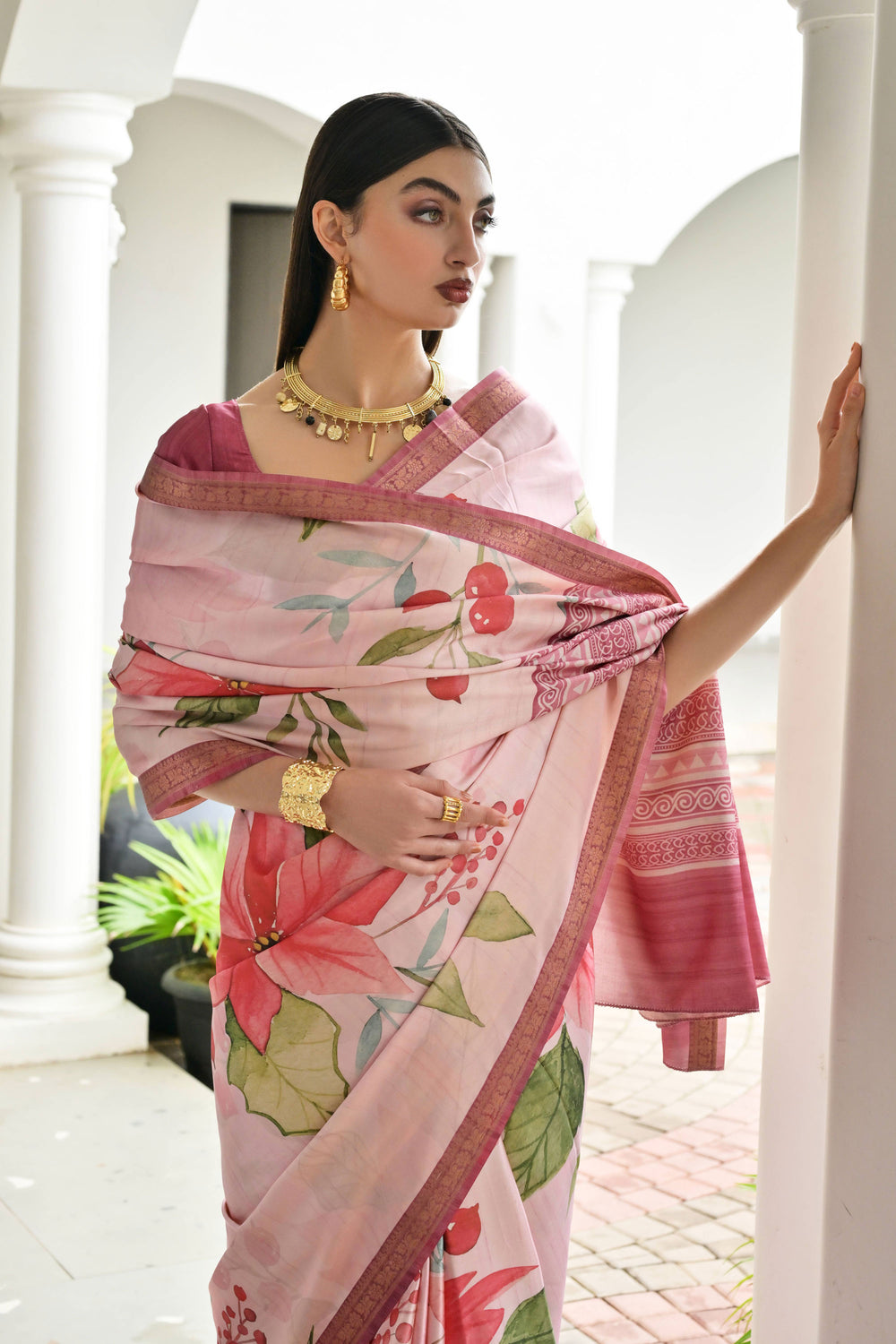 Pink Color Satin Silk Fabric Elegant Floral Printed Saree | Buy Online India