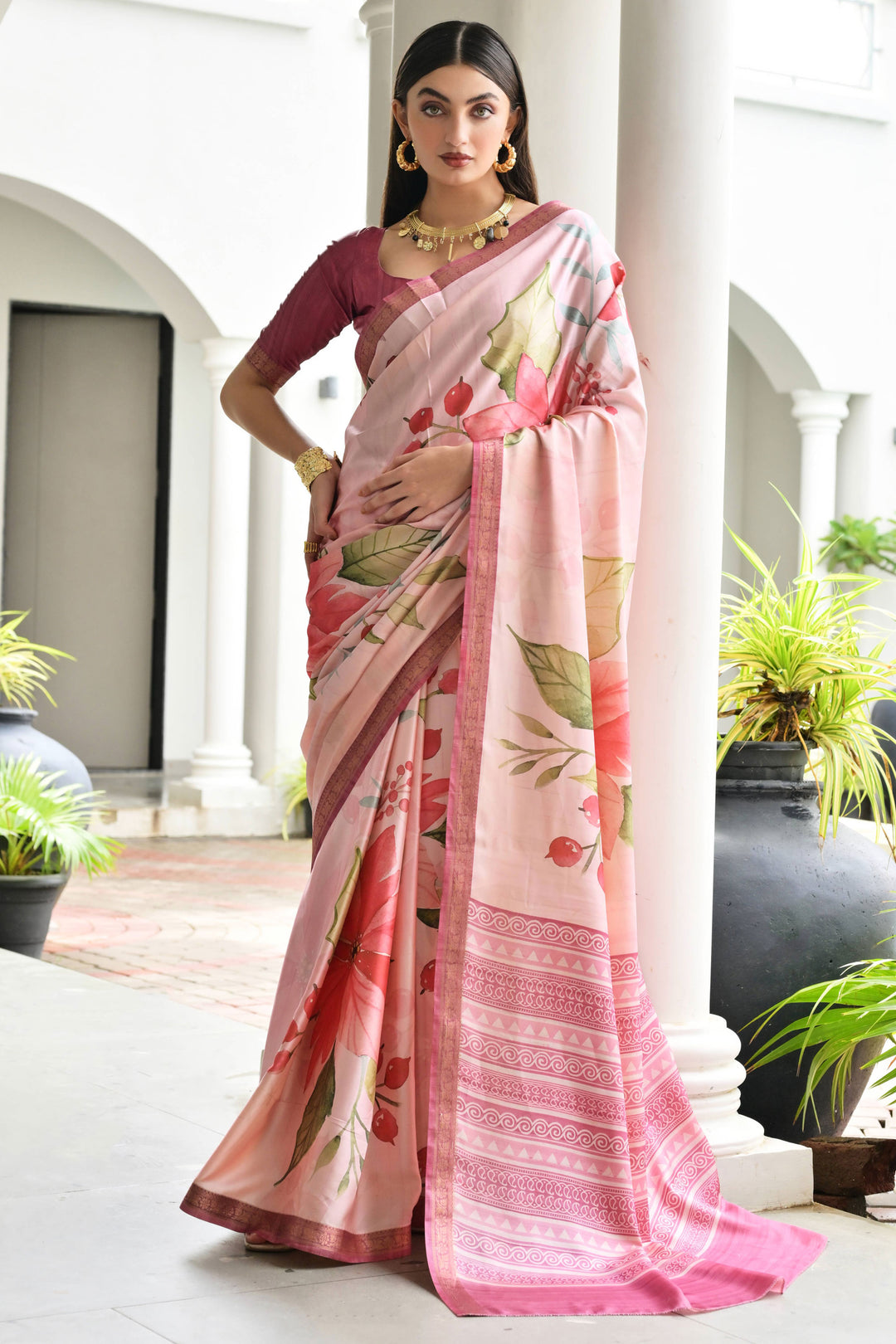 Pink Color Satin Silk Fabric Elegant Floral Printed Saree | Buy Online India