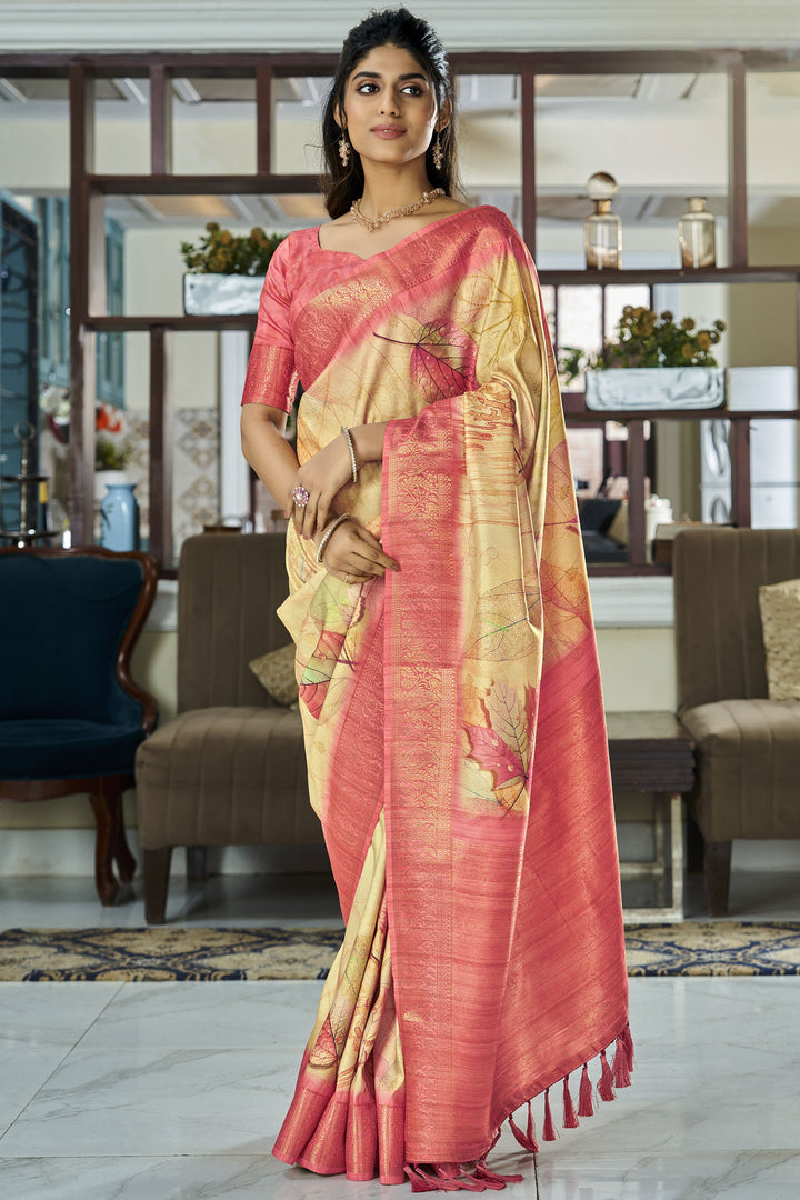 Embellished Beige Color Handloom Silk Printed Saree