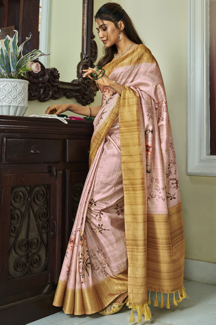 Peach Color Charismatic Handloom Silk Printed Saree