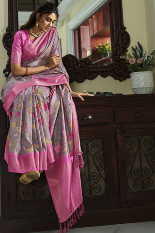 Lavender Color Glamorous Handloom Silk Printed Saree