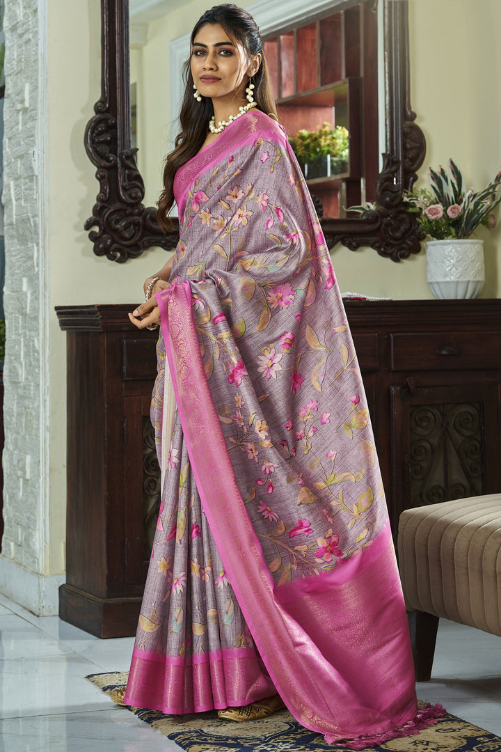 Lavender Color Glamorous Handloom Silk Printed Saree