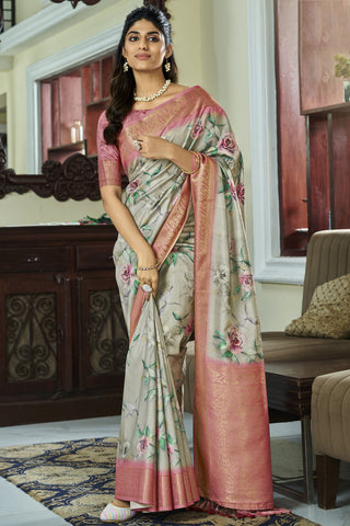 Sea Green Color Gorgeous Handloom Silk Printed Saree