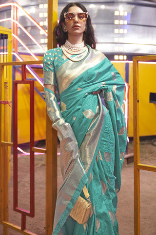 Attractive Handloom Silk Sea Green Color Saree With Weaving Work