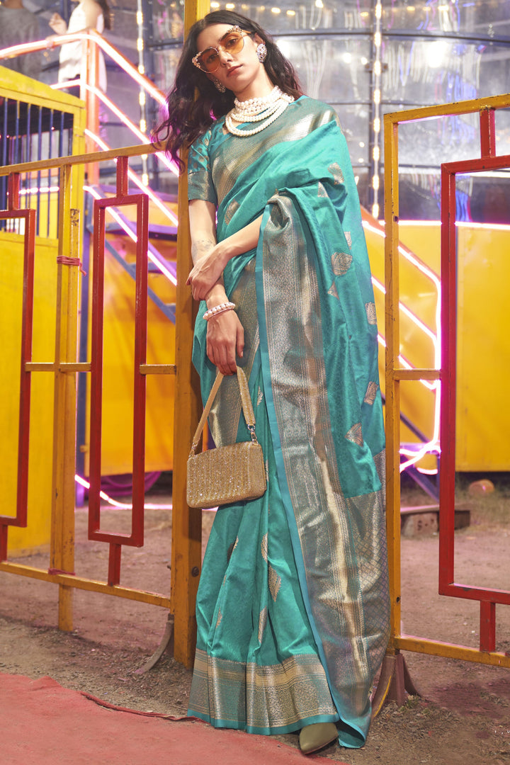 Attractive Handloom Silk Sea Green Color Saree With Weaving Work