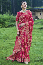 Load image into Gallery viewer, Vaishnavi Andhale Red Color Border Work Pleasant Wedding Wear Dola Silk Saree

