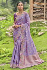 Load image into Gallery viewer, Vaishnavi Andhale Lavender Color Glorious Wedding Wear Dola Silk Saree With Border Work
