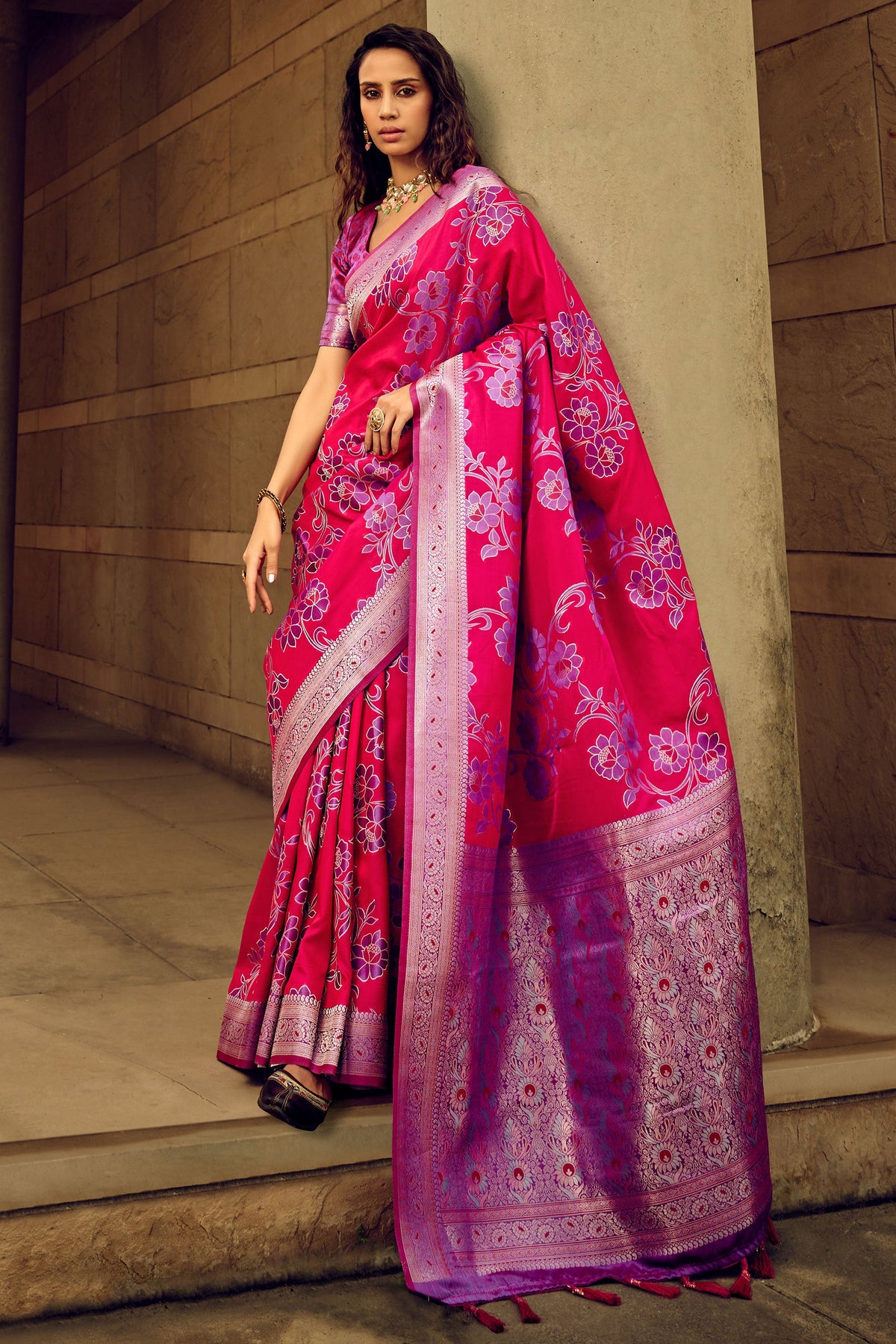 Brasso Fabric Function Wear Pink Color Stylish Look Saree