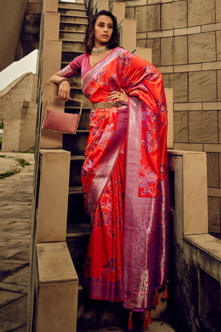 Fabulous Brasso Fabric Orange Color Saree For Function