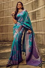 Load image into Gallery viewer, Function Wear Brasso Fabric Captivating Cyan Color Saree
