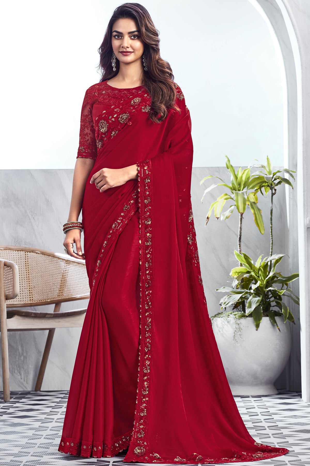 Red Color Art Silk Fabric Special Saree With Border Work