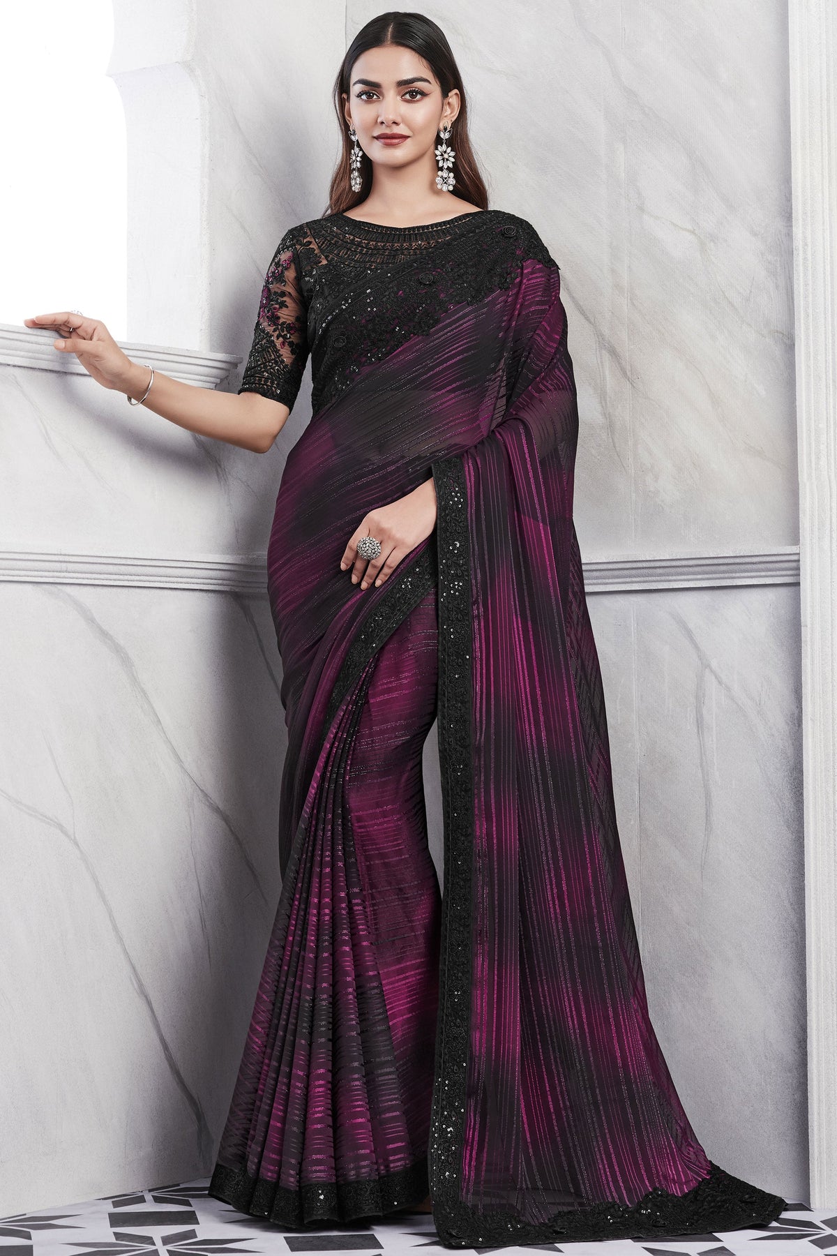 Art Silk Fabric Magenta Color Riveting Saree With Border Work