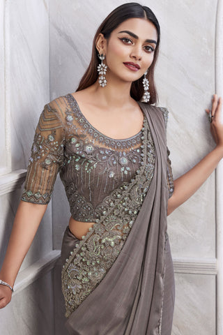 Border Work On Dark Beige Color Art Silk Fabric Princely Saree