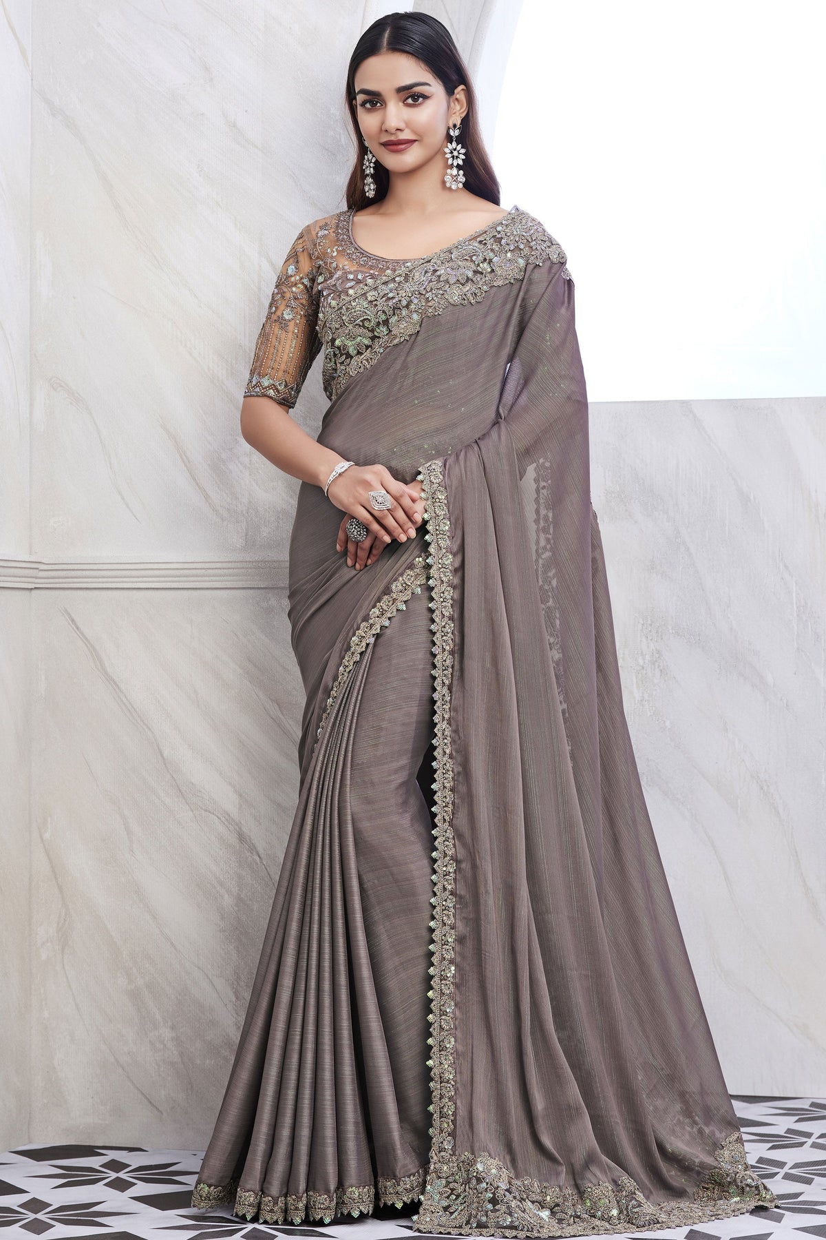 Border Work On Dark Beige Color Art Silk Fabric Princely Saree