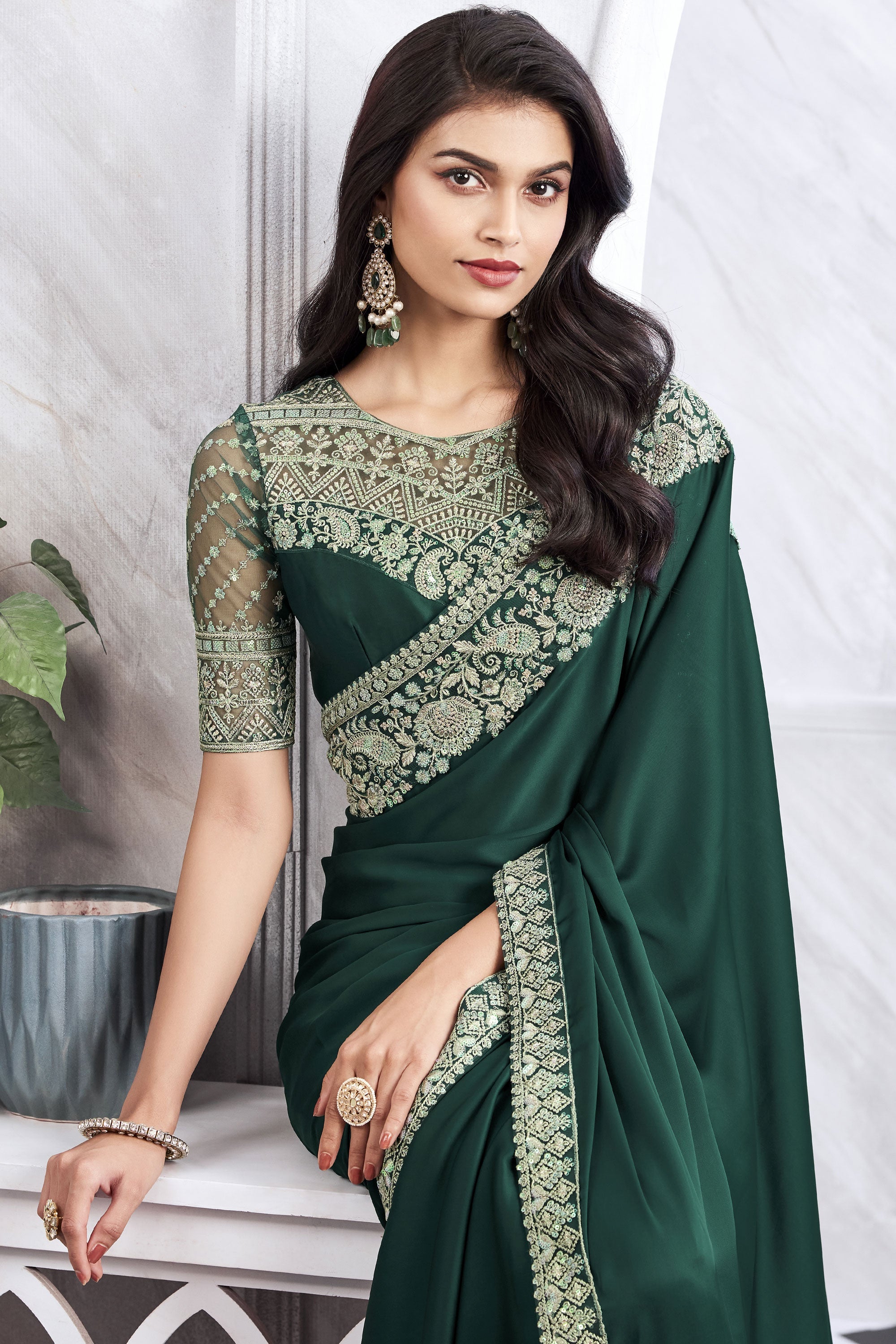 Beguiling Border Work On Dark Green Color Art Silk Fabric Saree