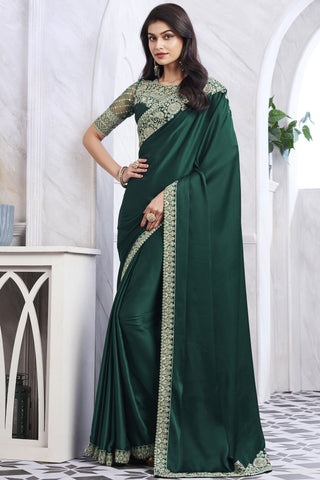 Beguiling Border Work On Dark Green Color Art Silk Fabric Saree