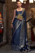 Load image into Gallery viewer, Creative Weaving Work On Navy Blue Color Satin Silk Fabric Saree
