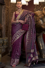 Load image into Gallery viewer, Excellent Satin Silk Fabric Wine Color Saree With Weaving Work
