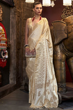 Load image into Gallery viewer, Incredible Weaving Work On Satin Silk Fabric Beige Color Saree
