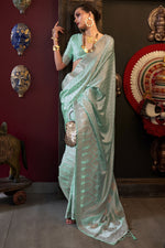 Load image into Gallery viewer, Engaging Sea Green Color Satin Silk Fabric Saree With Weaving Work

