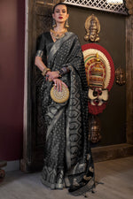 Load image into Gallery viewer, Trendy Satin Silk Fabric Black Color Saree With Weaving Work
