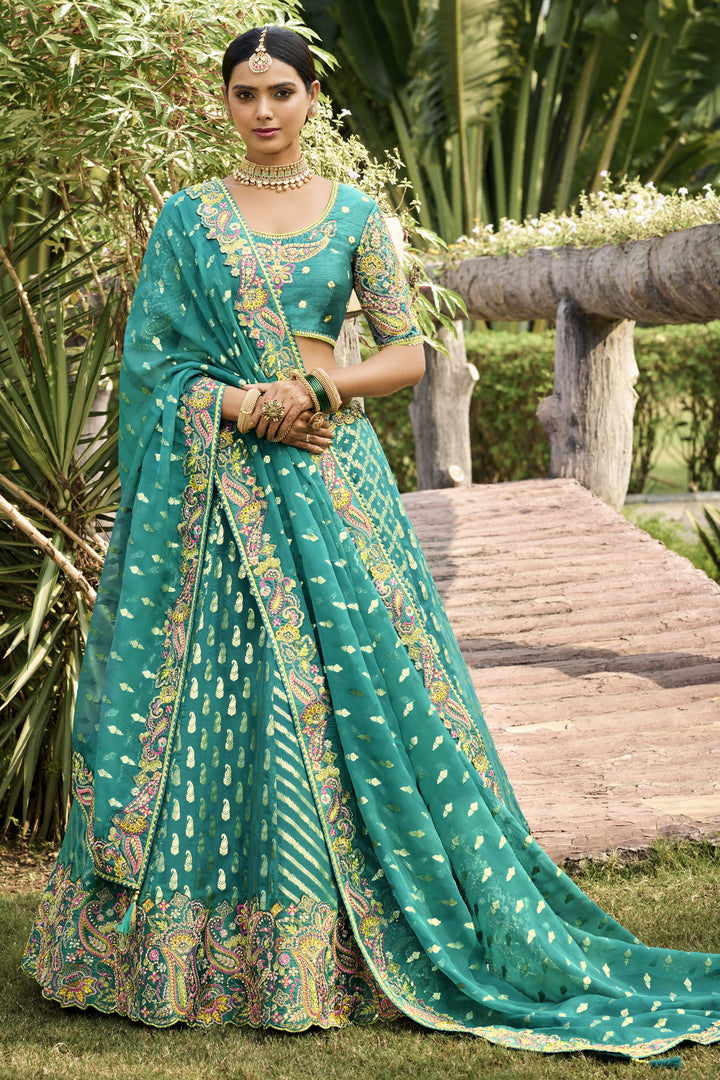 Jacquard Work On Sea Green Color Banarasi Silk Fabric Princely Lehenga