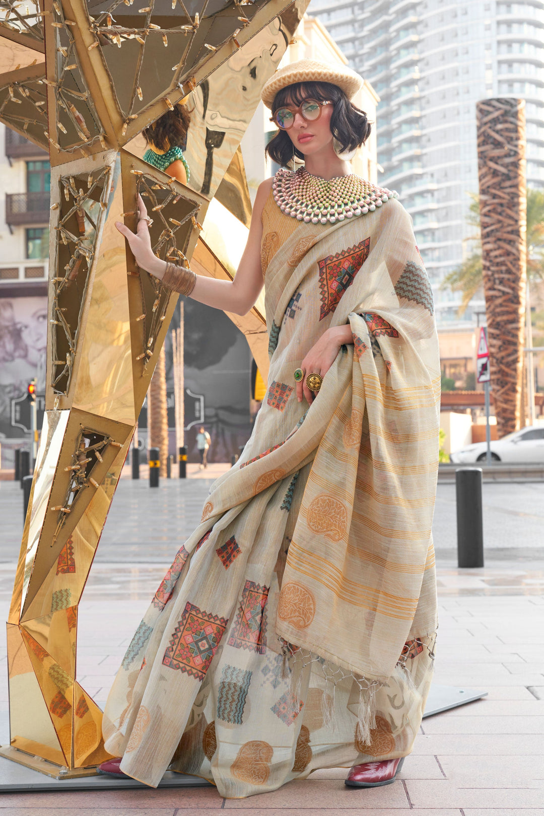Beguiling Printed Work On Beige Color Art Silk Fabric Saree | Buy Online India