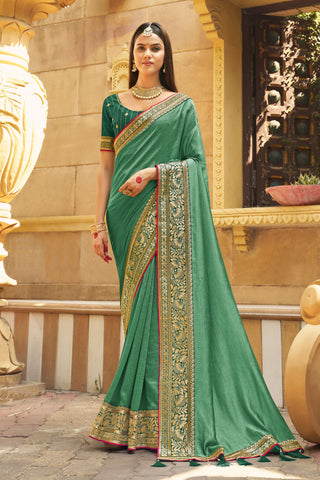 Sea Green Color Banglori Silk Fabric Coveted Saree With Border Work