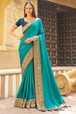 Load image into Gallery viewer, Banglori Silk Fabric Cyan Color Excellent Saree With Border Work
