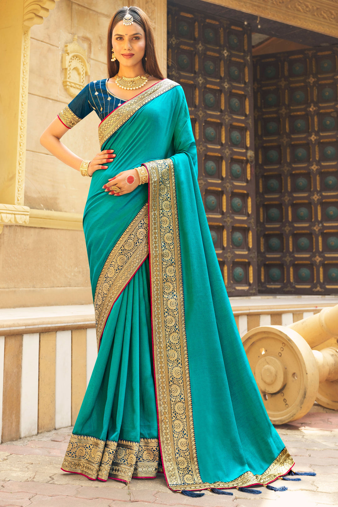 Banglori Silk Fabric Cyan Color Excellent Saree With Border Work | Buy Online India