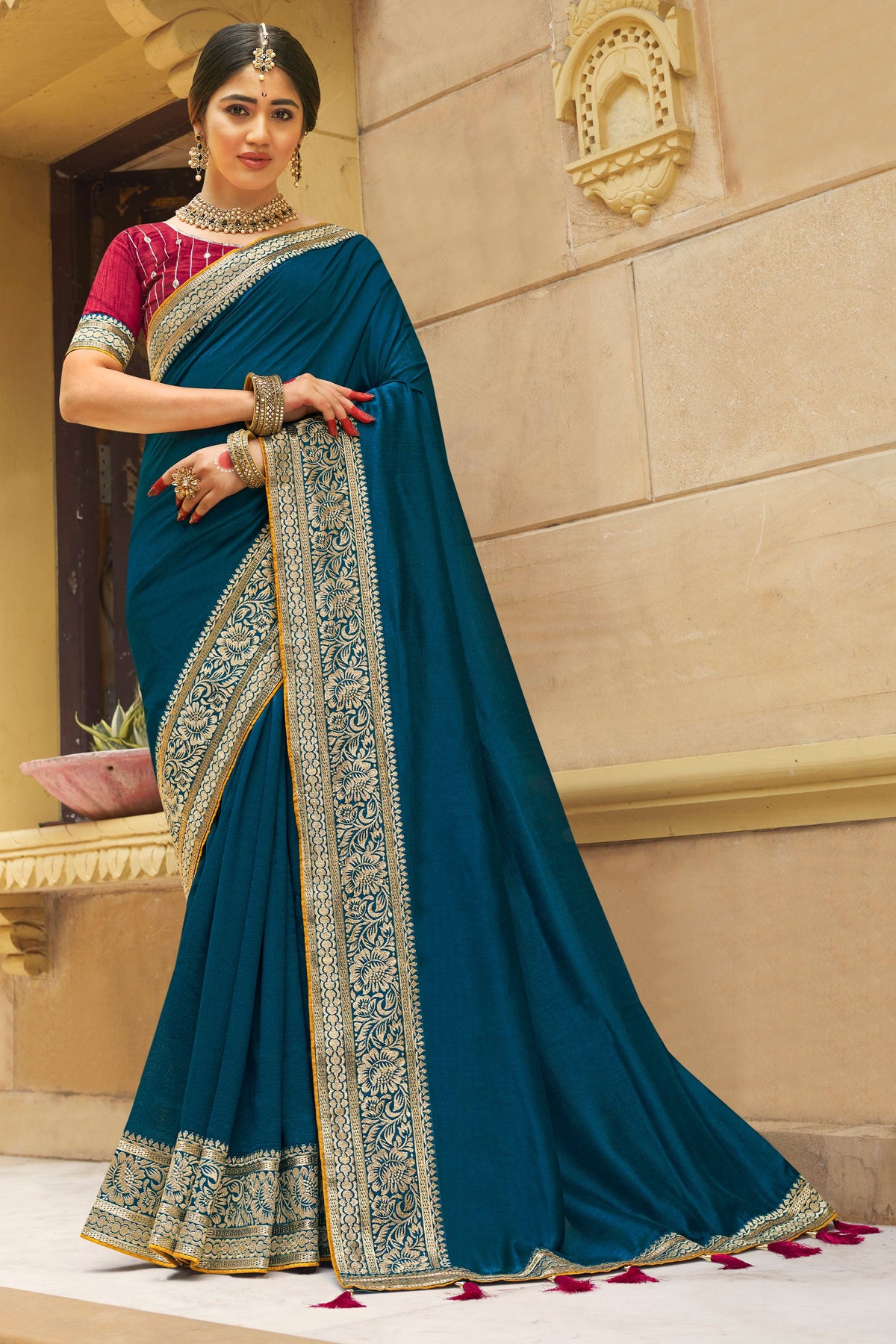 Banglori Silk Fabric Teal Color Patterned Saree With Border Work